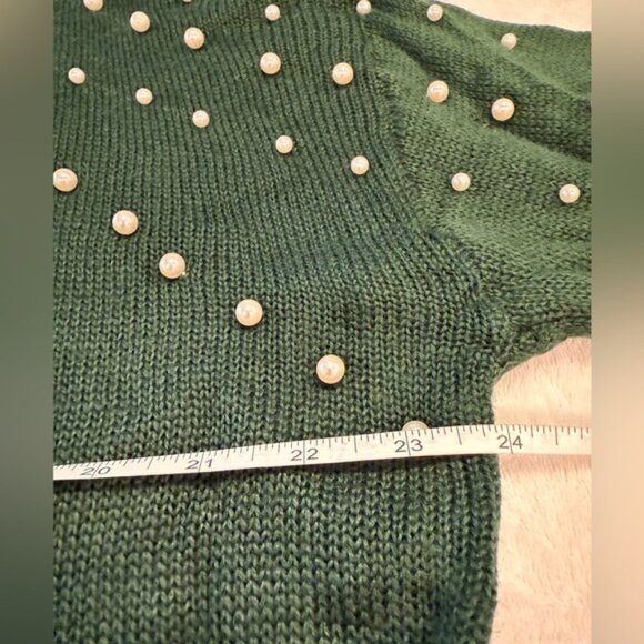 Viva Boutique forest green sweater pearl embellishments long sleeves crewneck M - Picture 8 of 11